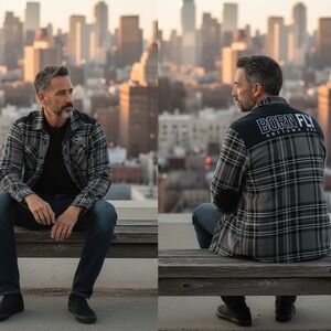 Born Fly Mens Grey Black Plaid Flannel Shirt Long Sleeve Back Embroidery Large